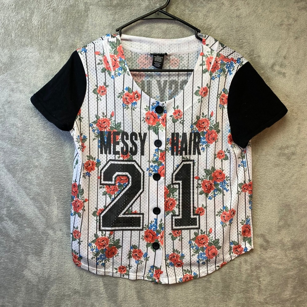 Rue21 Messy Hair 21 Floral Pinstripe Baseball Jersey Shirt Medium